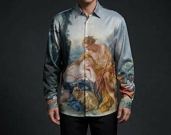 Boucher Daphnis and Chloe Rococo Art History Button Up Satin Shirt Long Sleeve Oxford Gothic Mythology Romantic Victorian Art Lover Gift