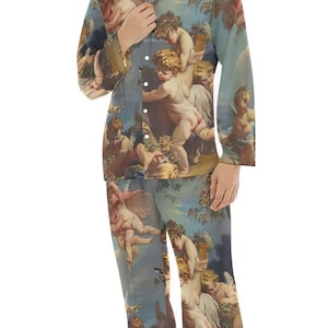 Rococo Cherub Mens Satin Pajamas Button Down Sleepwear Gift Menswear Loungewear Luxury PJ's Nightwear Fathers Day Angels Fine Art Painting