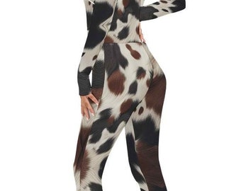 Cow Print One Piece Jumpsuit Romper, Turtleneck Bodycon Outfit, Sleek Chest Zipper, Festival  Clubwear, Cosplay Costume, Animal Skin Leotard