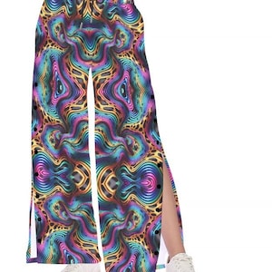 Liquid Fractal Pants, Psychedelic Side Slit Wide Leg Pants, Skateboard Sweatpants, Women&#39;s Side Slit Snap Button Trousers, Rave, Festival