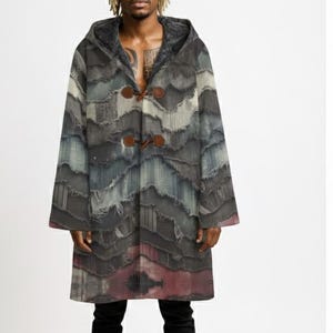 Ombré tie-dye jas, patchwork denim katoenen canvas jas met capuchon, unisex mantel, heren vrouw herfst winter warm gezellig zwart boho lagenlook