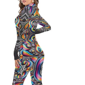 Psychedelic One Piece Jumpsuit Romper , Turtleneck Bodycon Outfit, Sleek Chest Zipper, Costume, Cosplay,