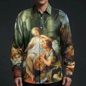Mans Dress Shirt Couture Baroque Boucher Rinaldo  Gothic Mythology Greek Long Sleeve Imitation Silk Satin Gothic Victorian Baroque Rococo