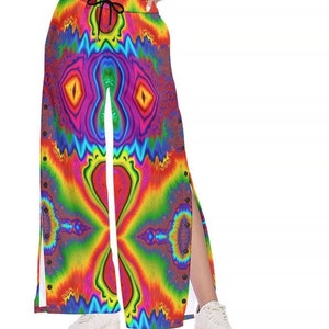 Psychedelic Side Slit Wide Leg Pants, Skateboard Sweatpants, Women&#39;s Side Slit Snap Button Trousers, Rave, Festival, Loud, Tie Dye Liquid