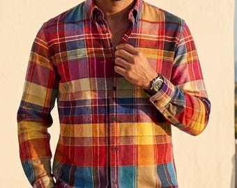 Camisa de vestir de algodón a cuadros para hombre, Oxford, manga larga, regalo para hombre, ropa urbana para hombre, estilo preppy, azul y rojo, tartán, ventana, leñador
