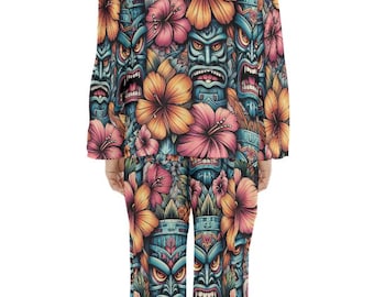 Pijama hawaiano de satén para hombre con máscara tiki, abotonado, ideal para relajarse, regalo, ropa de estar por casa, pijamas de lujo, estilo rave, cumpleaños, estilo retro, Aloha, tropical, Hawái.
