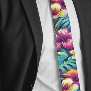 Mens Hawaiian Tie Floral Imitation Silk Necktie Menswear Aloha Festival Resort Travel Hawaii Dad Gift Son Vibrant Tropical Flowers Pop Art