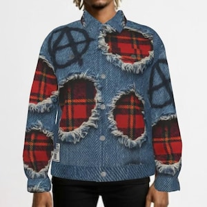 May include: A denim jacket with red and black plaid patches and the anarchy symbol. The jacket has a button-down front and long sleeves. The patches are frayed around the edges.