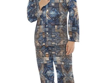 Pijama de satén para hombre con estampado de mandala y patchwork vaquero, conjunto de ropa de dormir con botones, regalo para él, ropa de estar por casa, pijamas de lujo, ropa de dormir para el Día del Padre