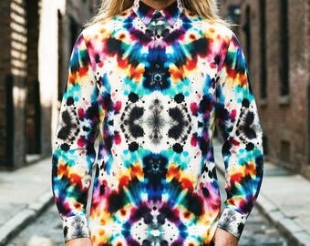 Rorschach Test Mens Cotton Shirt, Psychedelic Tie Dye  Long Sleeve Button Up Oxford  Dress Shirt,Trippy Hippie Mans Rave Festival