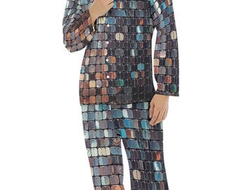 Silber Pailletten Herren Satin Pyjamas Button Down Nachtwäsche Set Geschenk für Ihn Herrenmode Loungewear Luxus Pyjamas Nachtwäsche Vatertag Disco