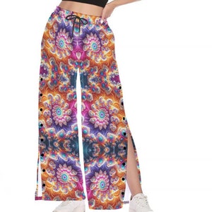 Psychedelic Fractal Side Slit Wide Leg Pants, Skateboard Sweatpants, Women&#39;s Side Slit Snap Button Trousers, Rave, Festival, Loud, Pink Gift