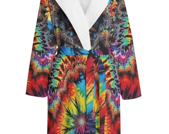 Albornoz psicodélico con capucha, unisex, alucinante, grueso y acogedor. Regalo, vibrante, ideal para fiestas. Hippie, para hombre y mujer, teñido anudado, rojo y azul.