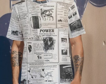 Antique Cotton Horse Newspapers Montage  T-Shirt Streetwear Cotton Tee Shirt Gift Mens Mans Unisex Big Tall Vibrant Christmas Gift Horses