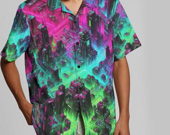 Cyberpunk Neon Electric  Cotton Hawaiian Shirt, Mens Button Up Aloha  Short Sleeve Tropical Gift for Him Qr Code Music Punk Rock Interactive
