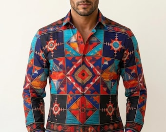 Baroque Argyle Mens Cotton Dress Shirt Button Up Oxford Long Sleeve Gift for Man, Streetwear Menswear Colorful Bohemian Patchwork Plaid Red