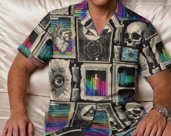 Pijama de satén para hombre con estampado de ojos que todo lo ven, conjunto corto de ropa de dormir, regalo para él, ropa de estar por casa para hombre, estilo glitchcore, música punk rock con código QR