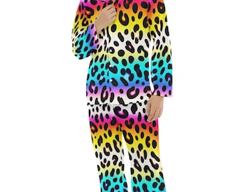 Psychedelische Leopard Satin Pyjamas Button Down Nachtwäsche Geschenk Herrenmode Loungewear Luxus PJ's Geburtstag Vatertagsgeschenk Trippy Gepardenhaut