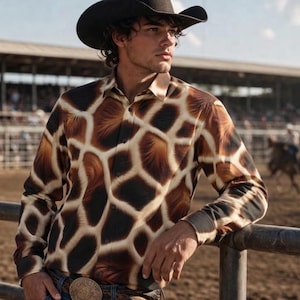 Giraffe katoenen overhemd, herenoverhemd met lange mouwen en knoopsluiting, cadeau voor cowboy