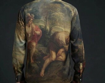 May include: A long-sleeved button-down shirt featuring a classical painting on the back. The artwork depicts two figures in a landscape, one playing a flute and the other seated. The shirt has a dark background and a classic fit.