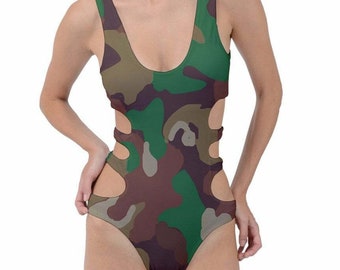 Camouflage Side Cut Out Swimsuit One Piece Camo Army Green Military Bathing Suit