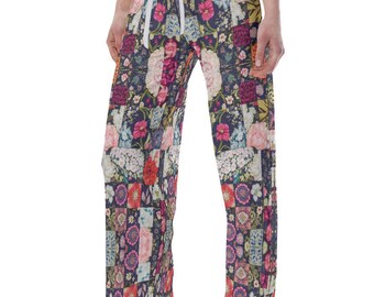 Boho Patchwork Kordelhose, Floral Boho Jogginghose, Cottagecore Hose, Bauernhaus Hose, Blumen Lounge Athlesiure, Rosa Rot Blau