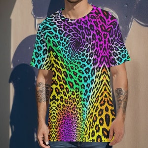 Camiseta de algodón psicodélica de neón con estampado de leopardo para hombre, estilo urbano, ideal como regalo para hombre, unisex, grande, vibrante, estilo guepardo, para fiestas, rave y festivales.