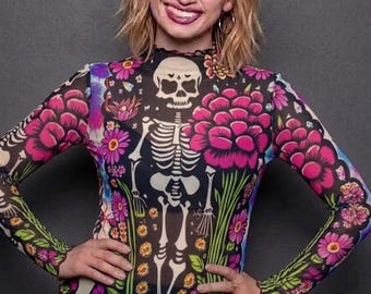 Psychedelic Skull Mesh Blouse See Thru Shirt Sheer, Skeleton Top Long Sleeve Club Party Rainbow Floral Vibrant,