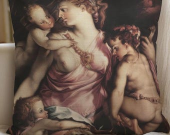 Francesco de' Rossi Salviati, "Charity" Cherubim Couch Pillow w/ Inserts Putti Goddess Angel Renaissance Religious Madonna Decorative Cherub