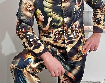 Alice im Wunderland Satin Pyjamas Button Down Nachtwäsche Geschenk Herrenmode Loungewear Luxus PJ's Geburtstag Vatertagsgeschenk Psychedelic Surrel
