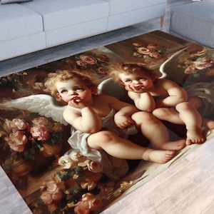 Engel, Denkende Engel, Putti Filz Bodenmatte, Rokoko Blumen Rosen, Viktorianisches Luxus Dekor, Renaissance Amor Geschenk, Klassische Kunst Baby