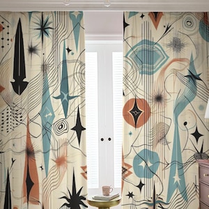 Blackout Curtains, Mid Century Mod , Modernist Art Drapes, Shades, Rod Pocket Panels, Stars Retro Graphic Design, 1950s Living Room Gift