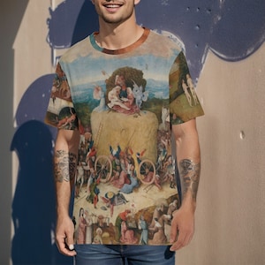 The Haywain Triptych, Hieronymus Bosch Fine Art History Cotton Tee Shirt. Unisex T-Shirt Gift High Quality Resolution Painting Famous Artist