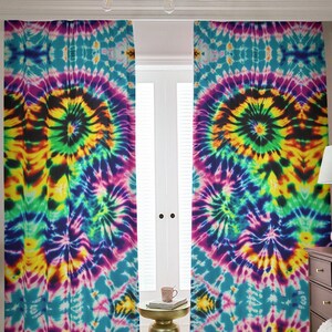 Psychedelic Tie Dyed Blackout Curtains, Rod Pocket Set of 2 Panels, Trippy Fractal Shades, Blue Red Bedroom Living Room Tied Dye Boho Drapes