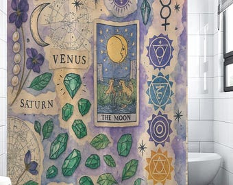Chakra Shower Curtain, Meditation Bath, New Age Bathroom, Esoteric Decor, Housewarming Gift, Spiritual Message, Tarot Moon, Manifestation