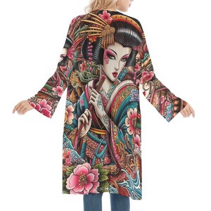 Geisha Girl Mesh Cardigan, See Through Sheer, Beach Coverup Boho Long Sleeve Mesh Cardigan, Tattoo Rocker, Intimate Festival Sexy Boho