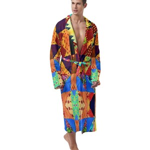 Patchwork Mens Robe Quilted Bathrobe Kaleidoscope Trippy Mandala Psychedelic Cottage Grunge Prairie Brown Boho Father Gift Lounge Quilt