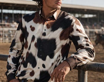 cow dress shirt Cow Print Long Sleeve Men Button Up Shirt, Black White Animal Guys Male Print Buttoned Down Collared Graphic Casual Dress Shirt XS