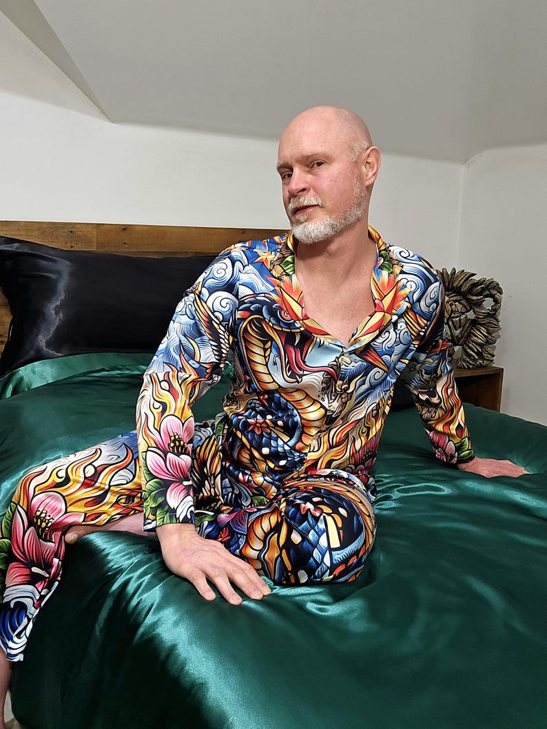 Tattoo Schlange Cobra Satin Pyjamas Nachtwäsche Geschenk Herrenmode Loungewear Luxus PJ's Geburtstag Vatertag Rockabilly Vintage Nautisch Bild 17