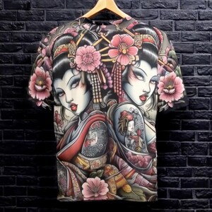 Geisha Girl Cotton Shirt, 100% Cotton Tee Shirt, Unisex T-Shirt, Tattoo Raglan Sleeve. Club Shirt, Floral Statement Tee, Dressy Tee Shirt