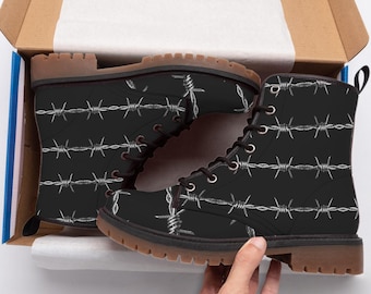 Barbed Wire Mens Combat Boots Punk Rock Music Audio Footwear Interactive QR Code Lace Up, Cool Gift for Rocker Black Gothic Streetwear