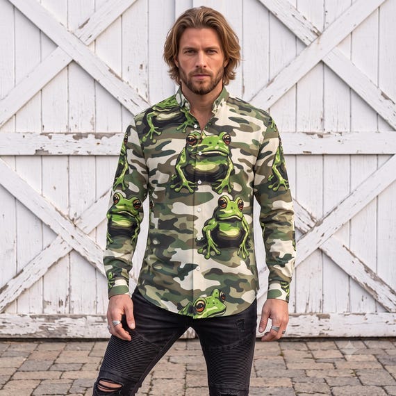 camo button up dress shirt Camouflage Frogs Mens Cotton Shirt, Long Sleeve Oxford Mans Shirt, Frog Army, Show Stopper, Streetwear, Statement Green CUPSHE Women's V Neck clothing_size:3-4years camo shirt abercrombie The vintage Realtree Advantage Flutter Sleeve Chiffon Dress