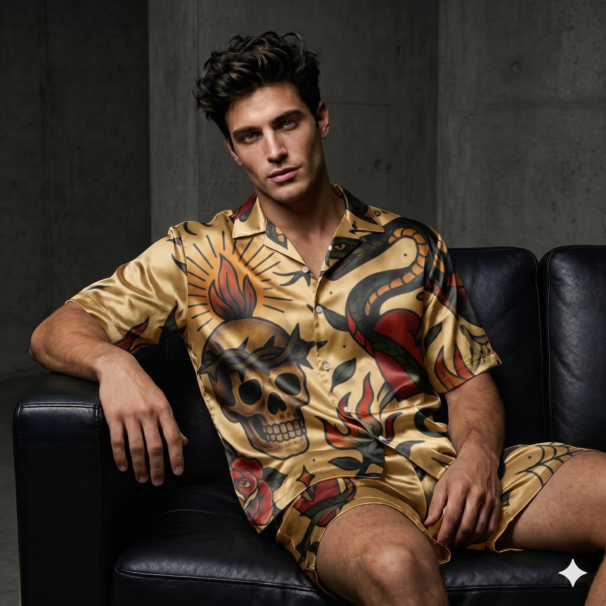 Vintage Tattoo Satin Short Sleeve Short Set Imitation Silk Pajamas, Rockabilly Loungewear, Gift For Man