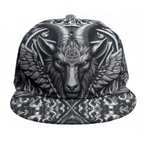 Baphomet Hat, Silver Cap, Black Baseball Cap Trucker Unisex Adjustable SnapBack Gift, Devil Goat, Lucifer, Medieval Armor, Gothic Occult