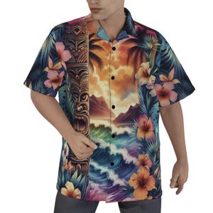 Tiki Mask Cotton Hawaiian Shirt Button Up Short Sleeve Mens Gift For Dad Hawaii Tropical Island Resort Tie Dye Ombré Surreal Floral Vibrant
