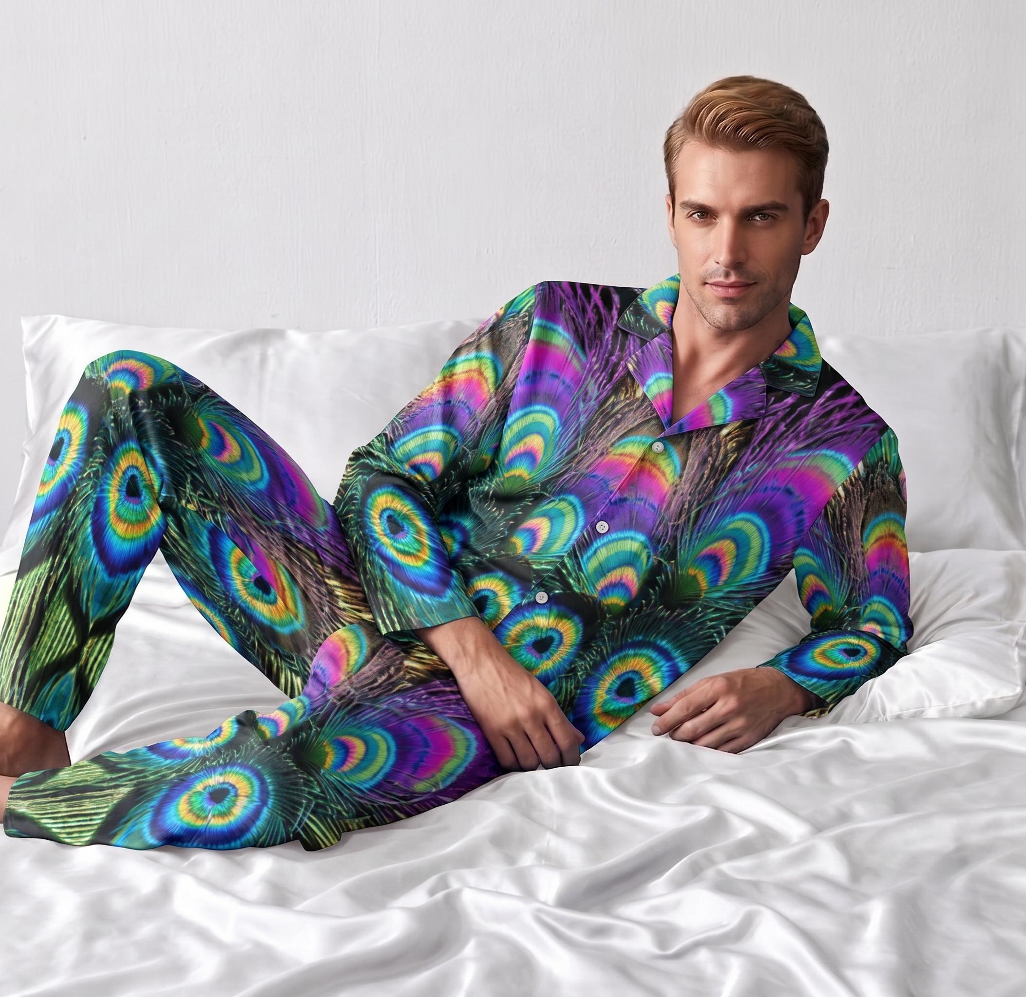 Peacock Mens Satin Pajamas Button Down Sleepwear Set Gift for Him Menswear Loungewear Luxury Pajamas Nightwear Fathers Day Purple Trippy