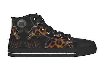 Zapatillas altas de lona con estampado de leopardo para hombre, estilo retro punk rock, con audio, código QR interactivo, ropa de calle clásica con cordones, color guepardo negro
