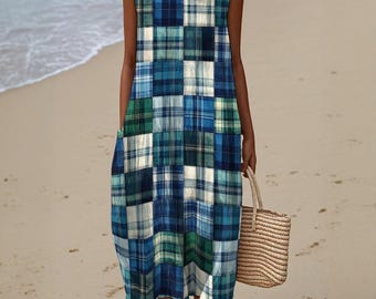 Robe bleue en coton flammé à carreaux madras, longue coupe sans manches en fibre naturelle estivale, patchwork tartan pour station balnéaire et yacht