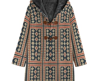 Norwegian Coat, Icelandic Cotton Canvas Hooded Jacket Fair Isles , Unisex Cloak, Men Woman Winter Warm Cozy, Geometric Abstract, Retro Norse