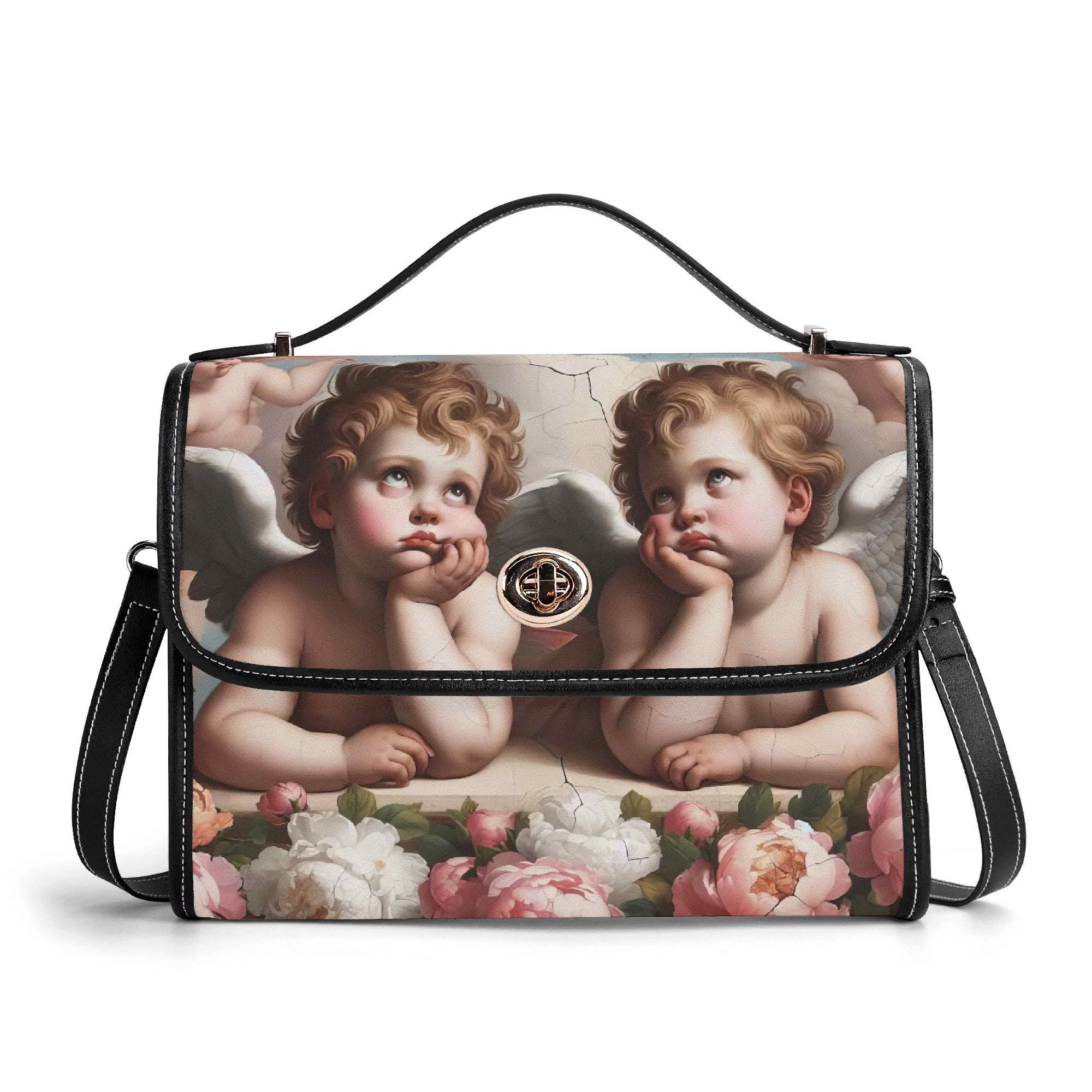 Thinking Cherub, Genuine Leather Satchel Fine Art Painting Handbag, Baroque Shoulder Bag Rococo Messenger Pocketbook Gift Bored Angels Putti